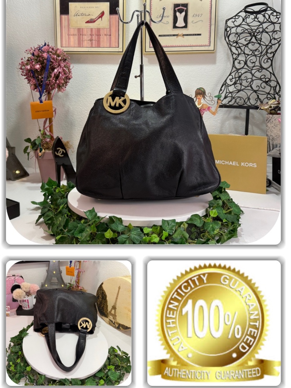 ECLECTIC MICHAEL KORS BLACK PEBBLED MK LOGO LEATHER HOBO BAG!